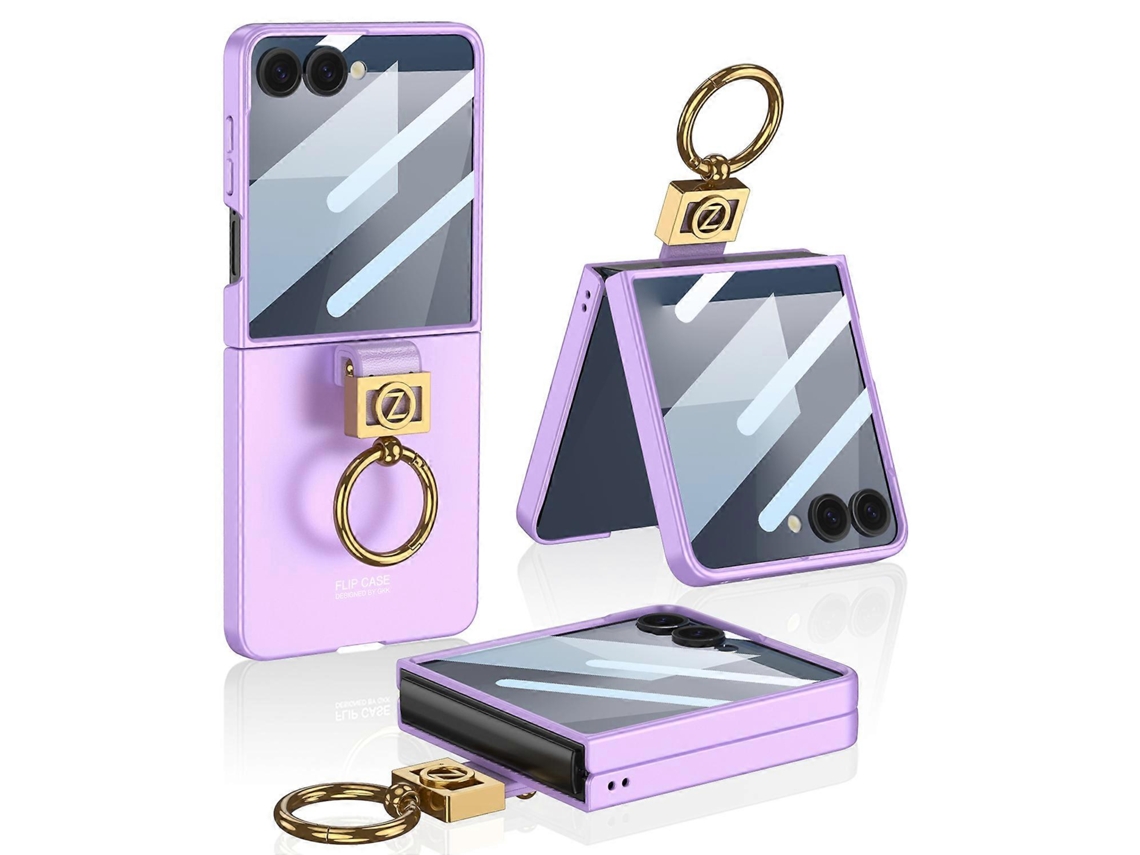 Capa De Celular Gkk Para Samsung Galaxy Z Flip7 5g Com Suporte De Anel Película De Vidro Temperado Para Tela Frontal Roxa