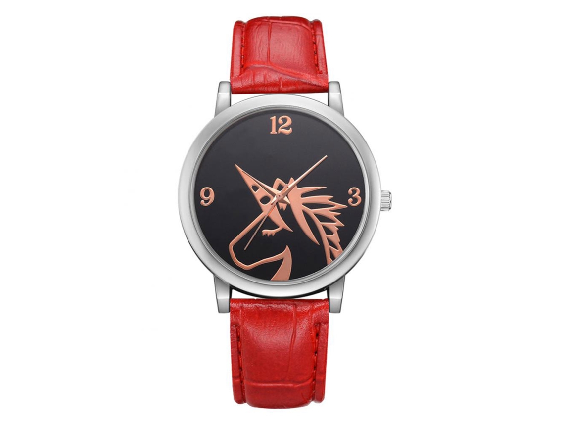 Relógio feminino casual e elegante com pulseira de PU vermelha.