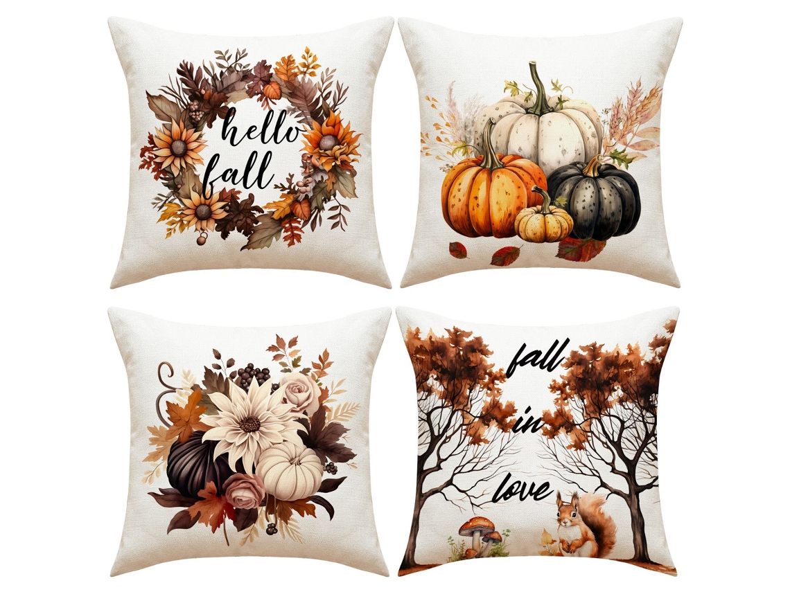 Capas de Almofada Decorativas Outonais 18X18 Conjunto de 4 Decoração de Ação de Graças com Caminhão Laranja e Abóbora NEVEANCE