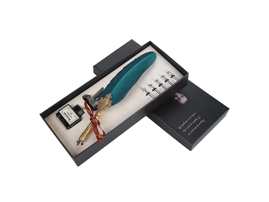 Conjunto De Escrita Com Pluma De Liga Quill Retrô E Frasco De Tinta Verde Escuro