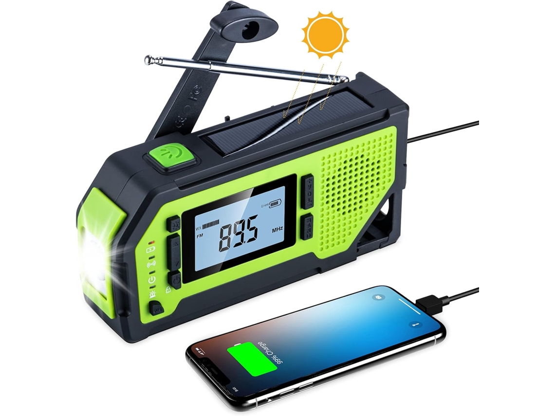 Rádio Portátil AQUAFORGE com tela lcd e bateria recarregável de 2000mah, manivela, carregador solar, alarme sos, verde