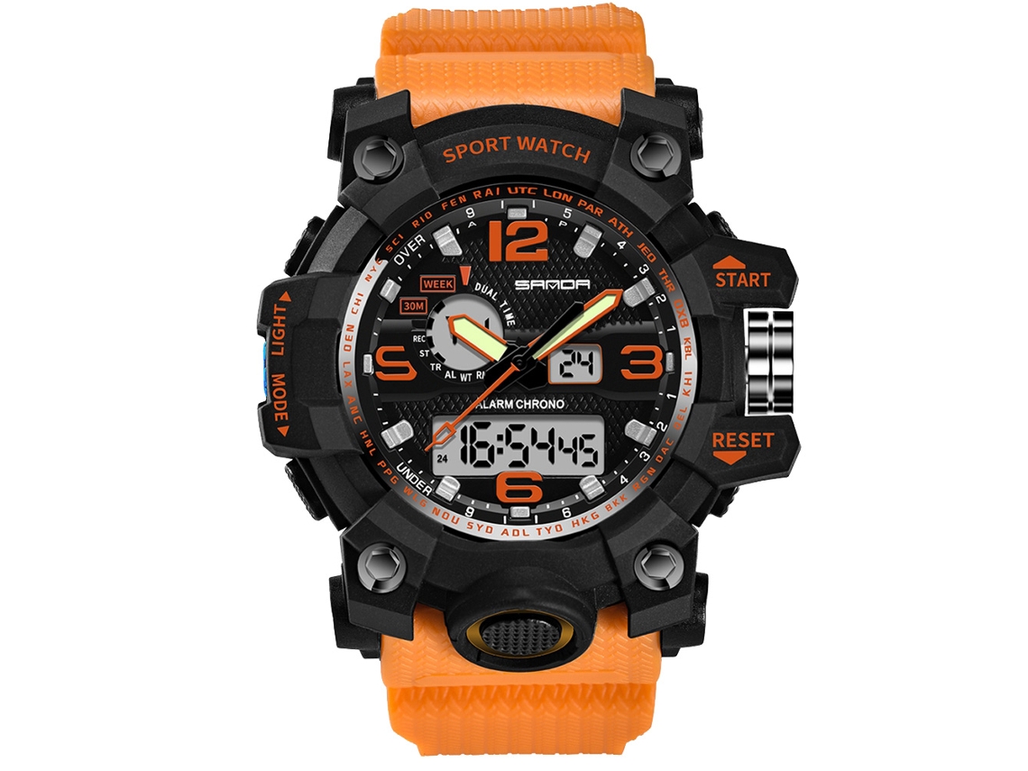 Relógio Eletrônico Multifuncional Sanda Resistente À Água 30m Dual Display Laranja