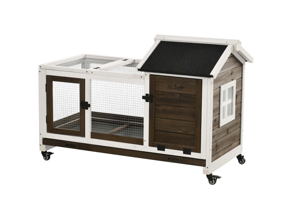 Coelheira de Madeira com Rodas para 1 2 Coelhos com Teto Abatível Bandeja Amovível 108x58x73,5cm Marrom Café e Branco Ge