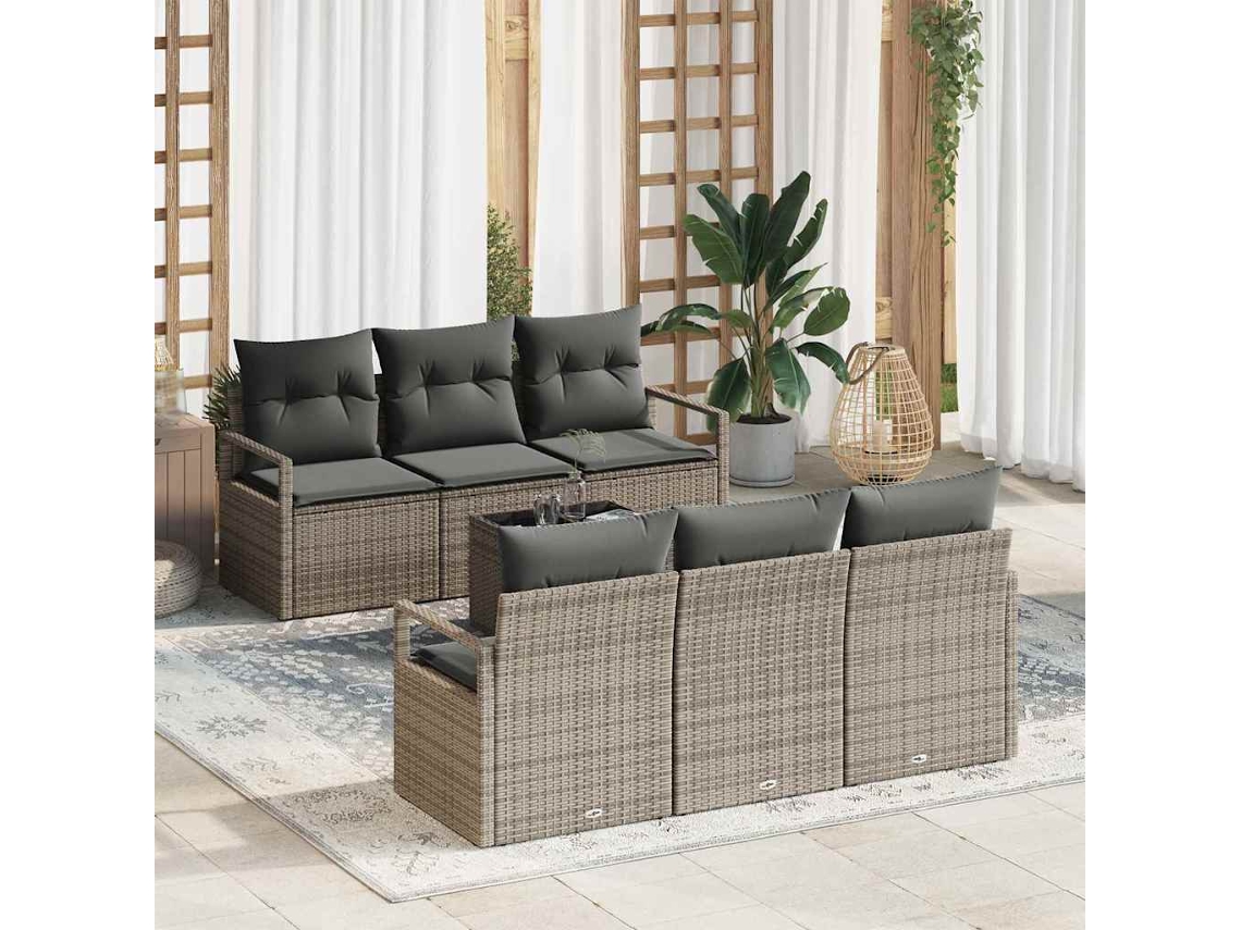 Vidaxl Conjunto De Sofá De Jardim Com Almofada 7 Pcs Cinzeto Vime Pe