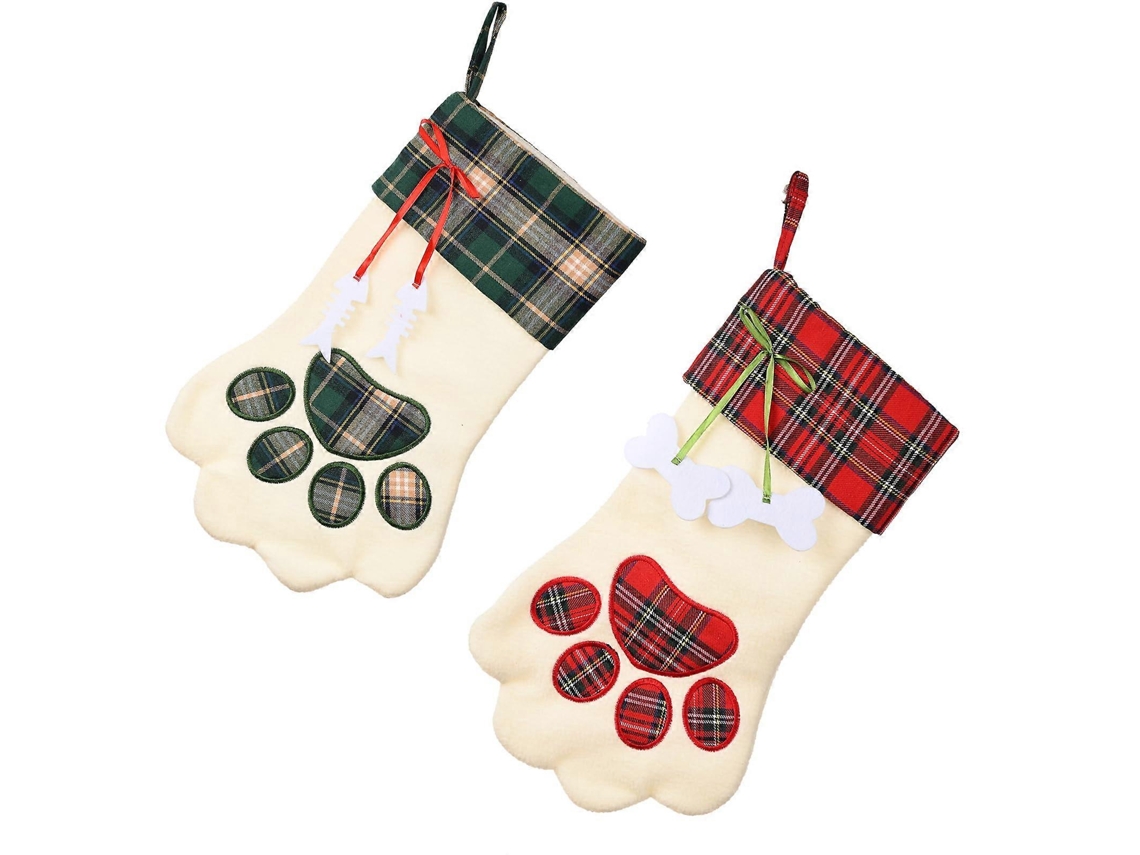 Conjunto De 2 Meias De Natal Grandes Com Estampa De Patas De Cachorro E Gato Para Pendurar Na Lareira E Na Árvore De Natal. Loja Olysi