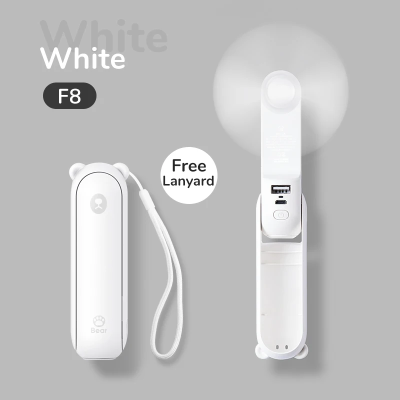Mini ventilador portátil (2000mAh Branco F8) com estojo de transporte USB de 4500mAh e função de lanterna.