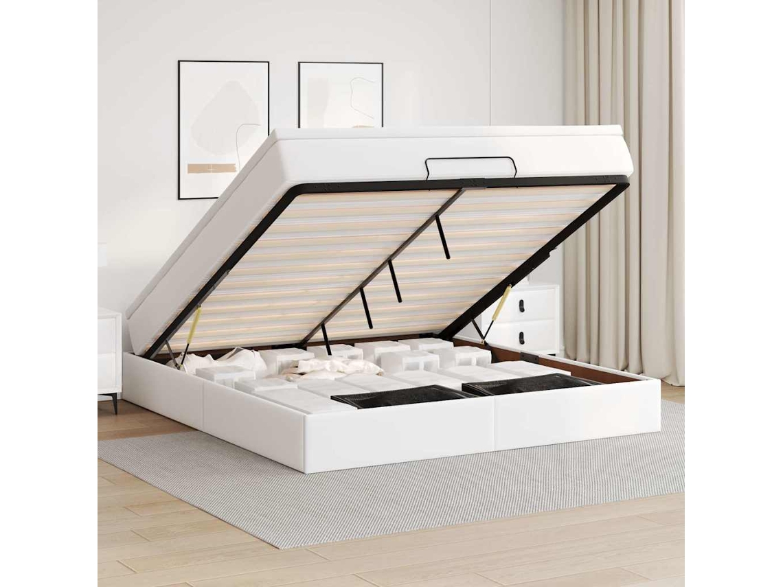 Estrutura De Cama Otomana Com Colchão Branco Couro Falso