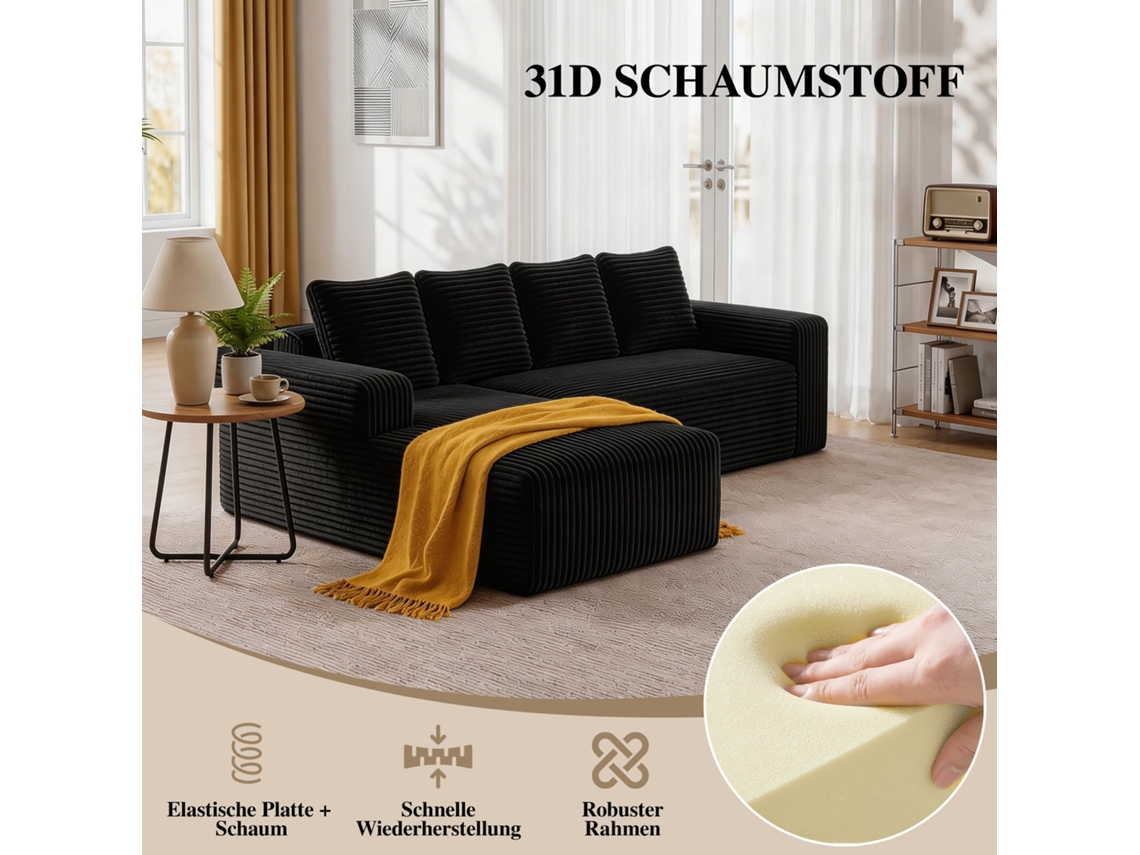 Sofá Modular Cloud Com Chaise Em L, Sofá Moderno Com Assento Profundo, Preto