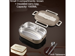 Lancheira Bento À Prova de Vazamentos para Adultos Três Grades Marrom 1000Ml Talheres e Bolsa de Aquecimento-1000Ml LUUCOZK