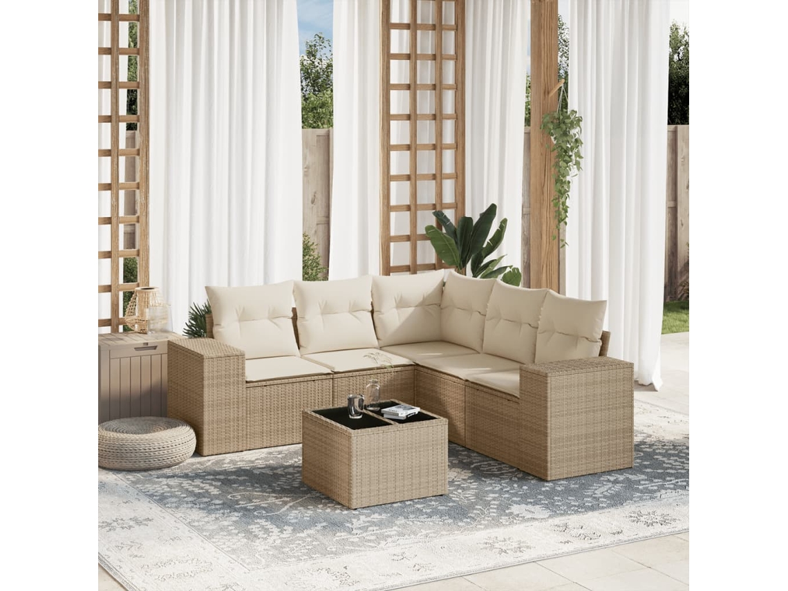 Vidaxl 6 Pcs Conjunto De Sofás P/ Jardim Com Almofadões Vime Pe Bege