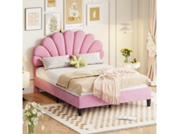 Cama de Casal 140x200 cm com cabeceira floral em veludo rosa, estrado de ripas, para adulto ou adolescente VSOGA