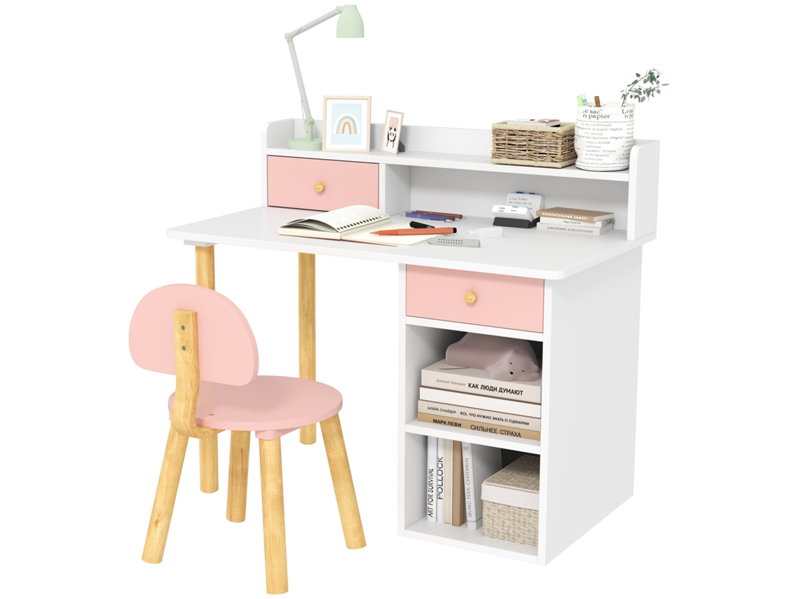 Mesa infantil rosa e branco com cadeira, gavetas e prateleiras BTFORUS