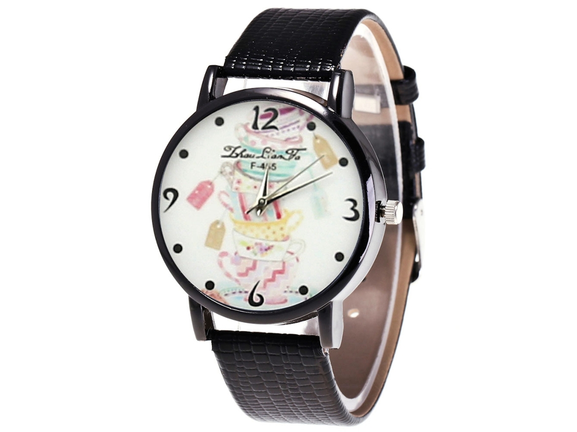 Relógio de quartzo para uso doméstico e feminino com pulseira de couro PU, mostrador preto clássico e casual.