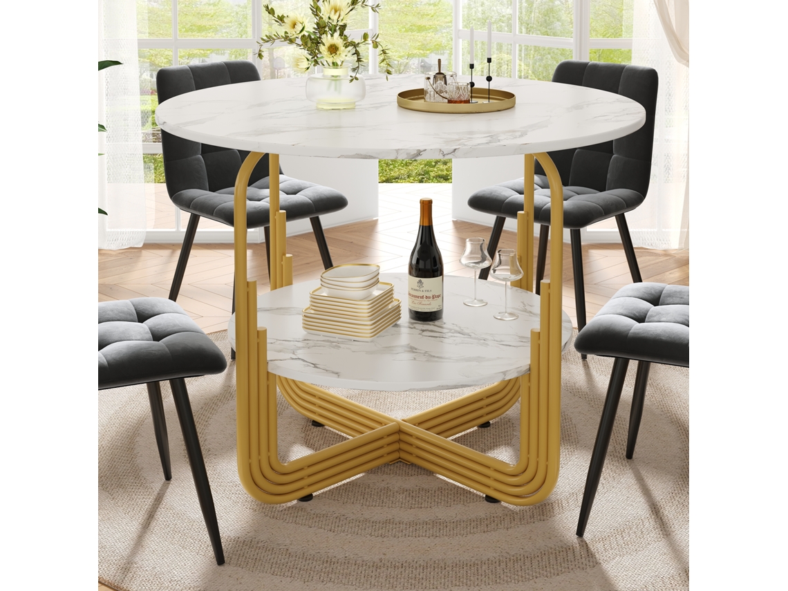 Mesa De Jantar Redonda (80×80×76 Cm) Com Uma Pequena Prateleira Redonda No Centro, Adequada Para Sala De Jantar E Sala De Estar.