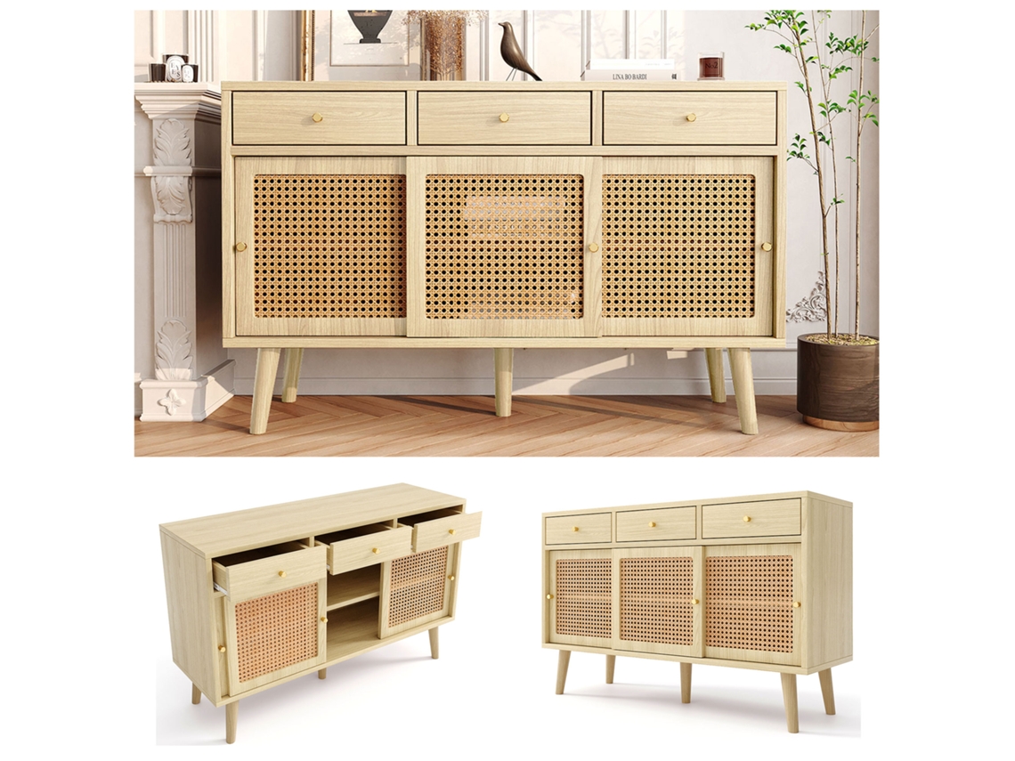 Sideboard 120x40x78cm, 3 Schubladen+3 Schiebetüren, Rattan, Massive Holzbeine, Goldgriffe, Eiche-hm