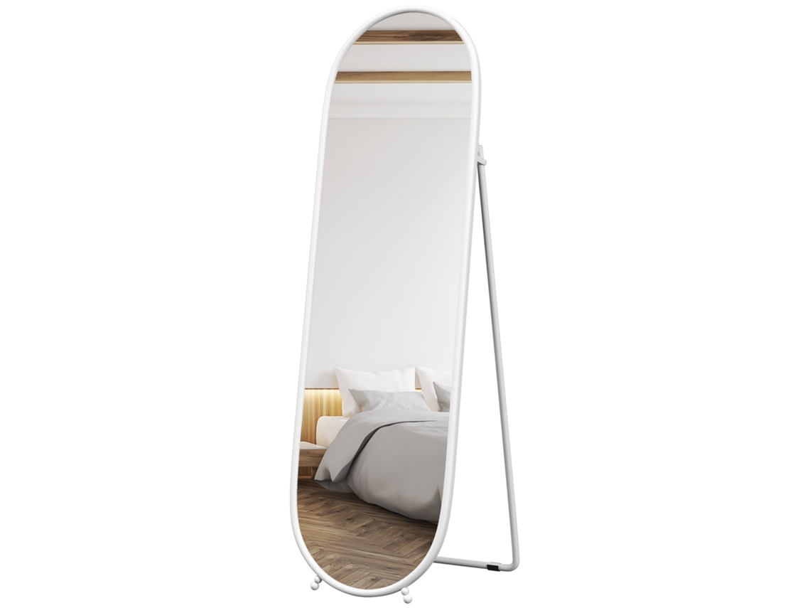 Espelho De Pé Oval 160x40 Cm De Corpo Inteiro Com Moldura Metálica Suporte E 2 Formas De Utilização Branco