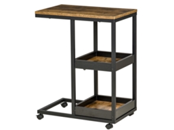 Mesa Lateral Com Rodízios Para Sofá Ou Cama, Estilo Industrial, Aço E Madeira, Marrom E Preto