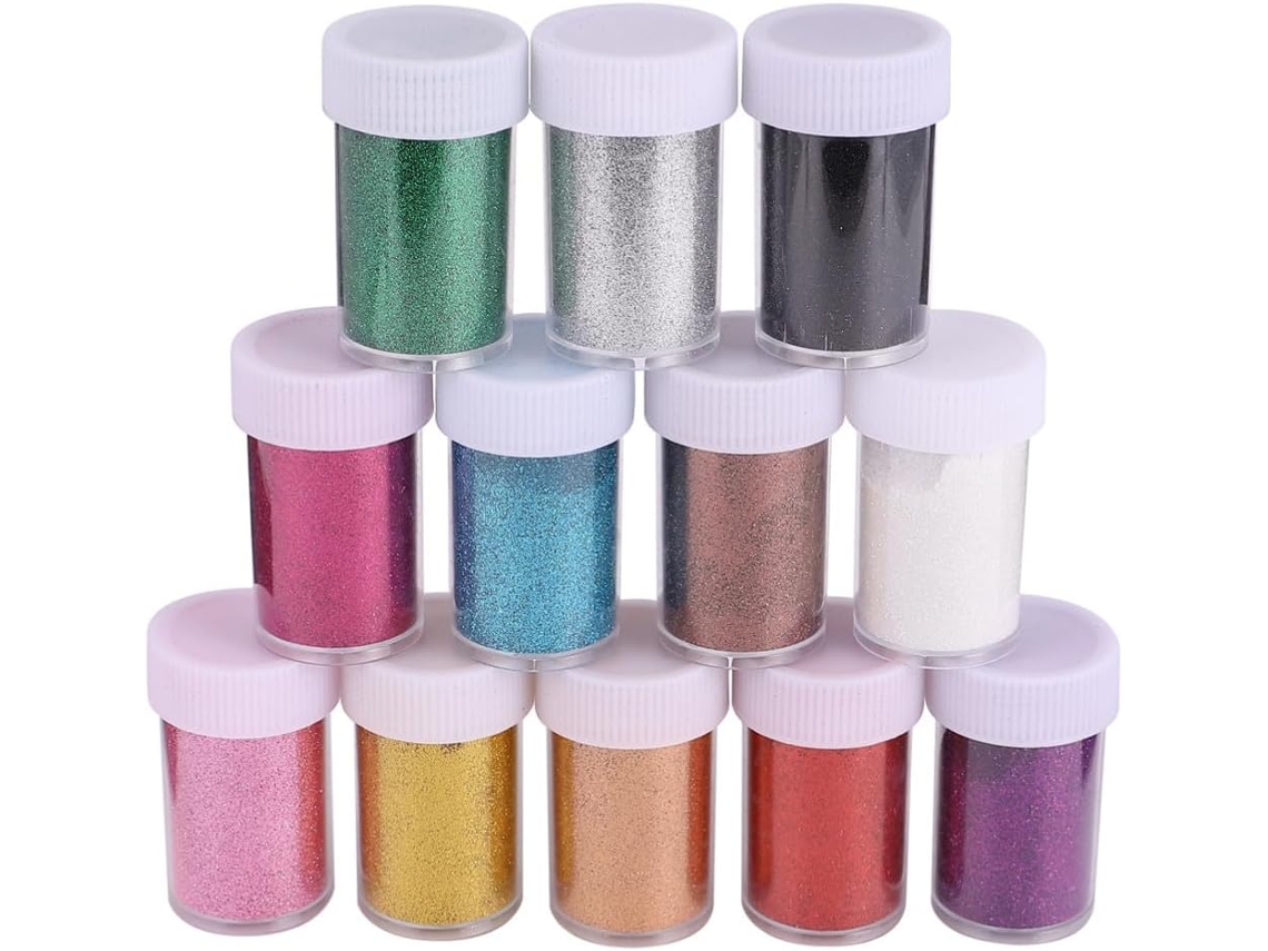 Kit com 12 esmaltes com glitter vermelho em ABS para unhas brilhantes.