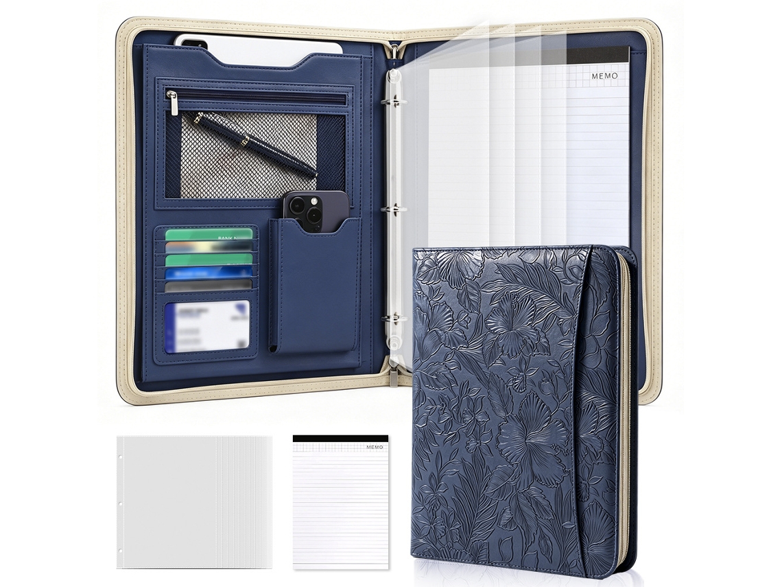A4 Leather Zipper Portfolio Folder, Embossed Print, 3-ring Binder With Blue Cover, Includes A4 Sticky Notes 25-sheets