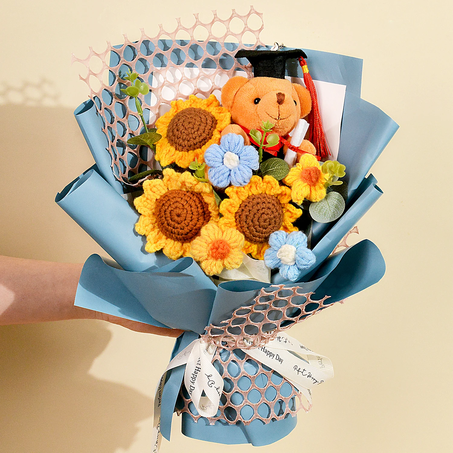 (azul) Buquê De Girassóis E Ursinhos De Pelúcia Trançados À Mão Para Formatura, Uma Escolha Perfeita Para Decoração De Casa E Aniversários.