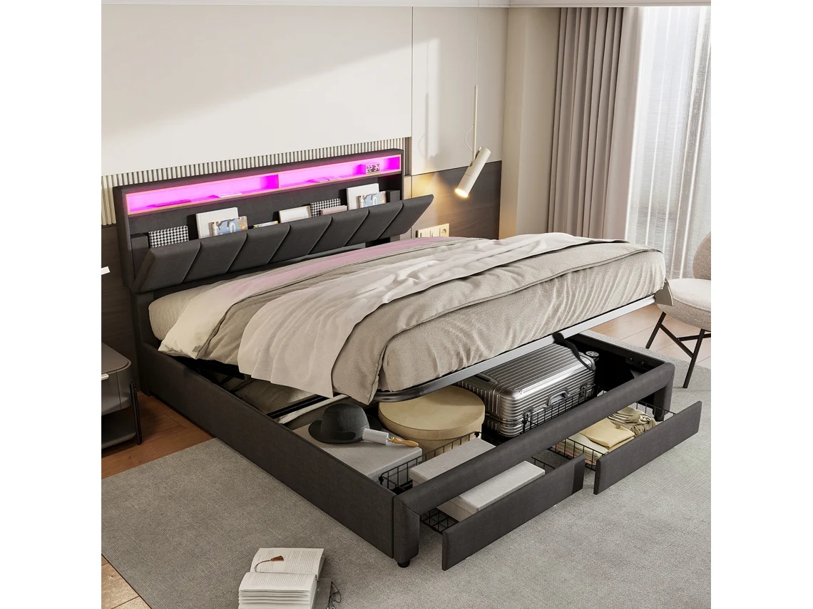 Cama De Casal Com Gavetas 180x200cm, Cama Com Armazenamento King Size Em Tecido De Linho Cinzento, Iluminação Led E Design Moderno Para Quarto