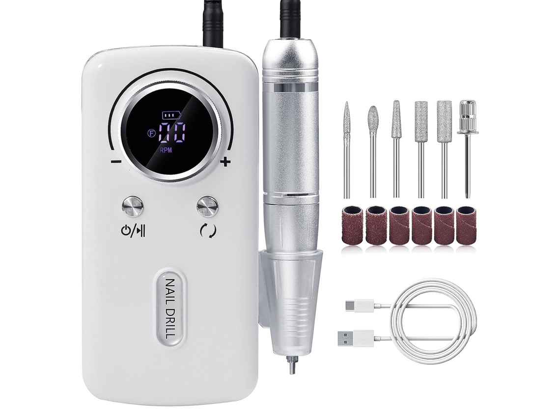 Lixa De Unhas Elétrica Recarregável De 45.000 Rpm, Lixa De Unhas Profissional Com 6 Brocas E Barra De Lixa, Branca, Tommy01
