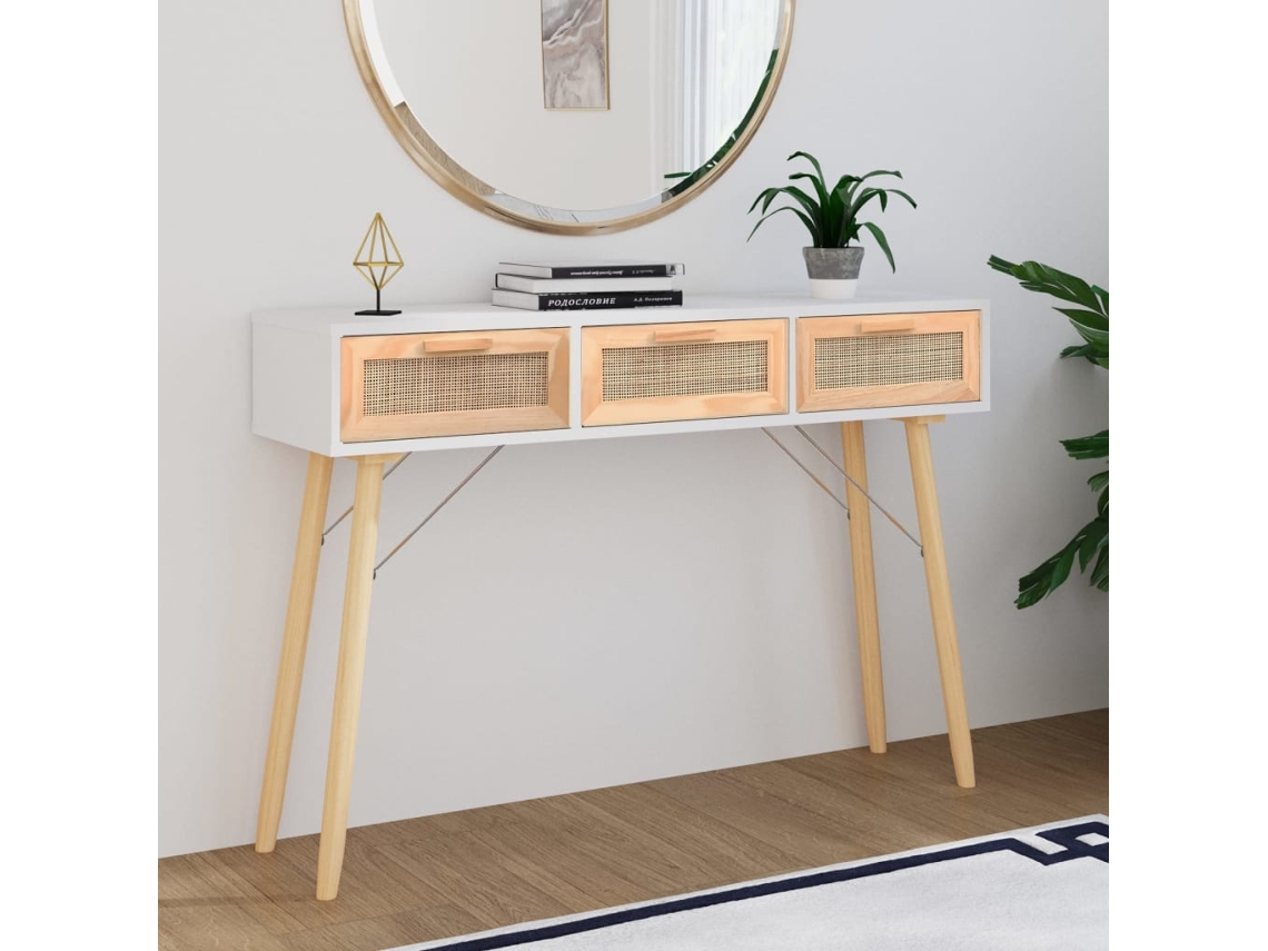 Vidaxl Mesa Consola 105x30x75 Cm Pinho Maciço E Vime Natural Branco