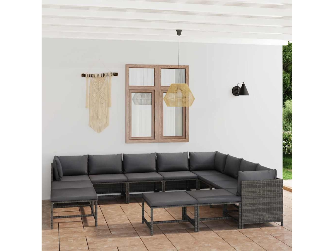 Vidaxl 12 Pcs Conjunto Lounge De Jardim C/ Almofadões Vime Pe Cinzento
