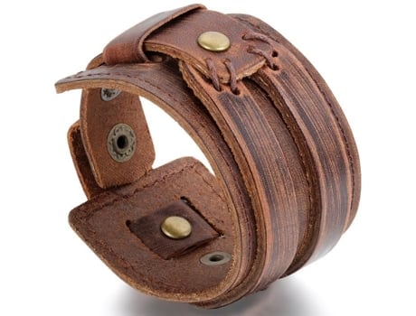 Pulseira Masculina de Couro com Punho Largo e Liga Extravagante Cor Marrom JEWELRYWE
