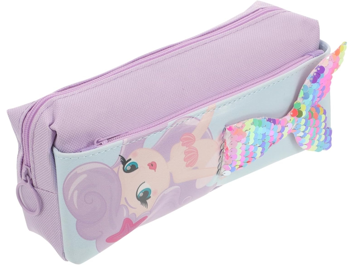 Estojo De Lápis Sereia Roxo Com Glitter Para Meninas, Mini De Tecido Oxford Dois Compartimentos, Zíper