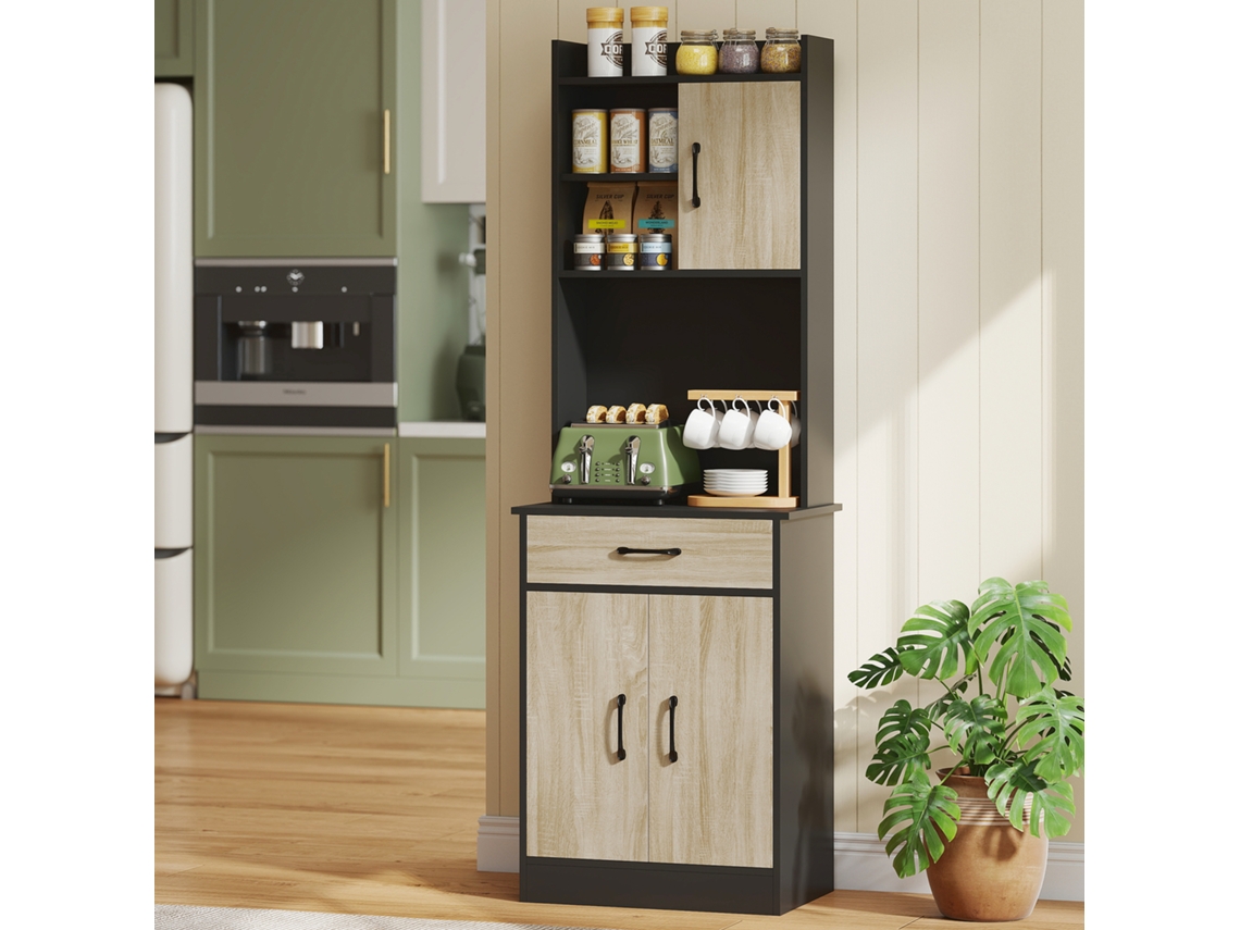 Mobile Dispensa In Legno Con Cassetto, 2 Ripiani Aperti E Armadietti, 60x40x180 Cm, Nero E Color Legno