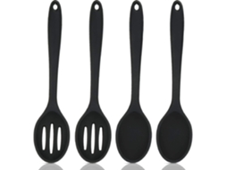 Set de 4 Colheres de Silicone Antiaderentes Resistentes Ao Calor para Cozinha: Misturar, Servir e Escorrer Negro