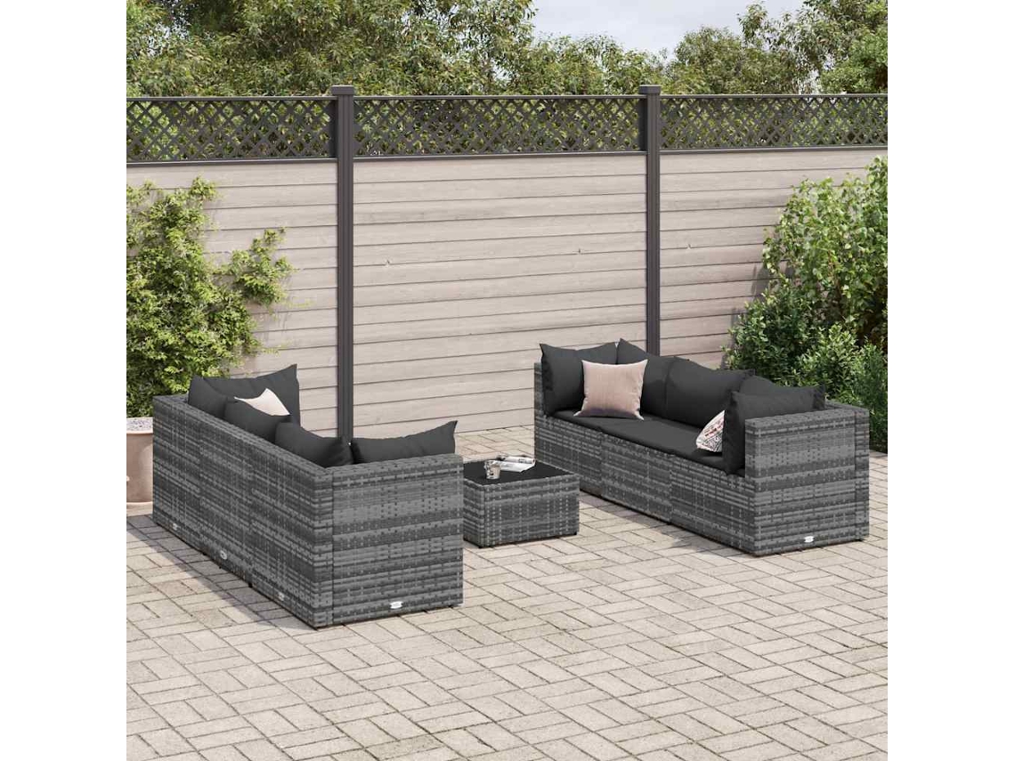 Vidaxl 7 Pcs Conjunto Lounge De Jardim C/ Almofadões Vime Pe Cinzento