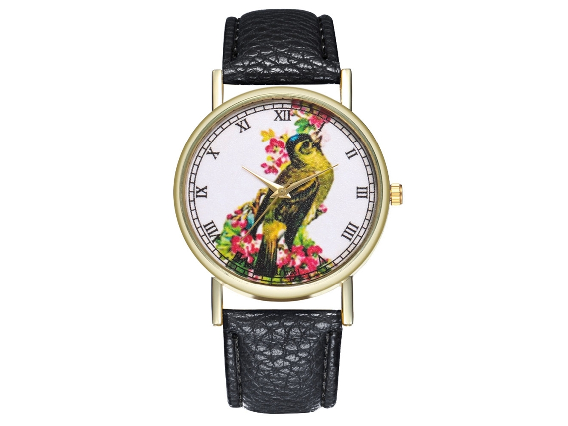 Relógio feminino Zhoulianfa com estampa de passageiro, mostrador analógico redondo, movimento de quartzo, preto.