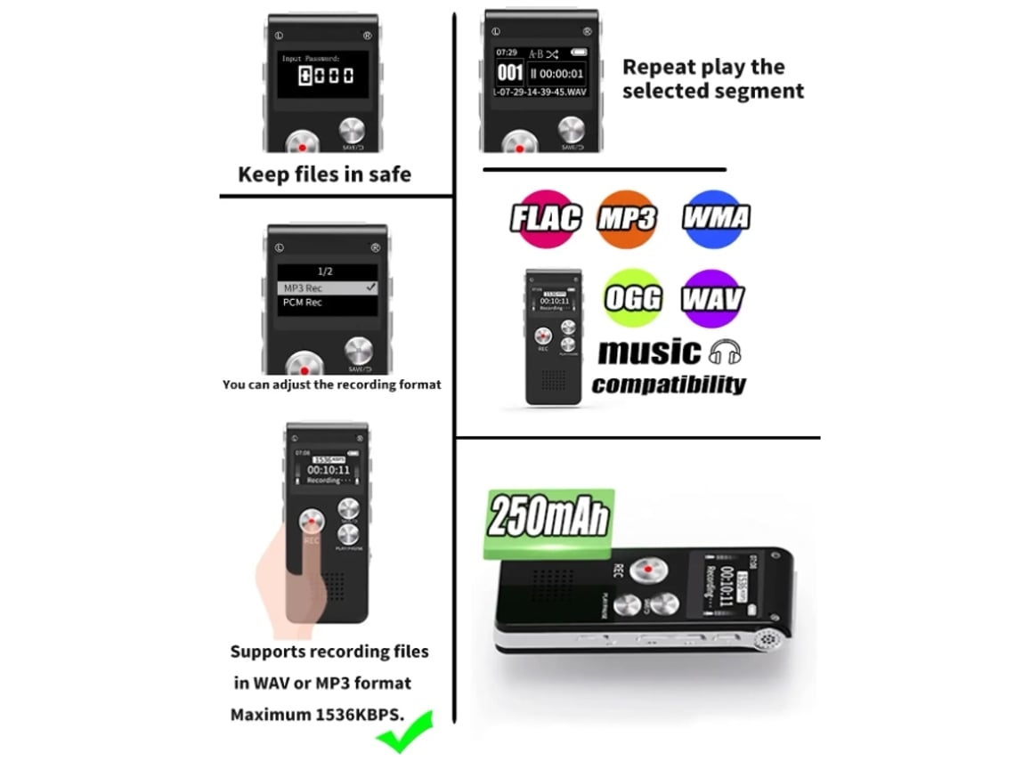 Voz Digital Voz de 16 Gb com Reprodução para Palestras Fita Pequeno Atualizado Dictaphon Recarregável Usb Preto