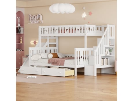 Cama De Criança 90x200/140x200 Cm, Beliche Com Escorregador E Prateleira Com Degraus De Segurança, Duas Gavetas Grandes E Base Ripada, Branco