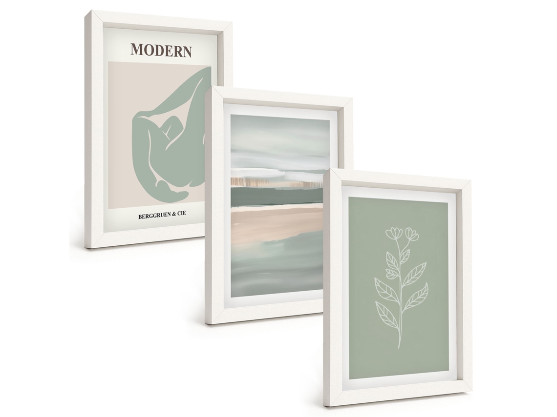 Conjunto De Pinturas Formas Abstratas De Plantas Em Tons Pastel Moldura Branca Imagens Para Um Quarto Infantil Espelharte (3 Peças 20x30 Cm)