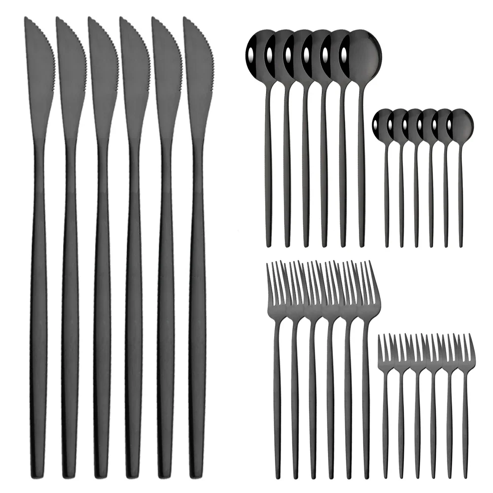 MDUG (conjunto de Talheres Pretos de Aço Inoxidável com 30 Peças, Incluindo Faca, Garfo para Frutas, Colher, Etc.)