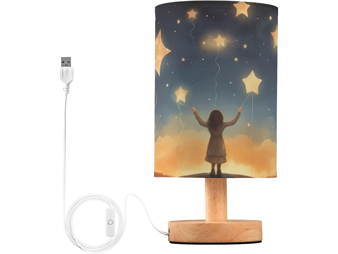 Luminária De Cabeceira Led Para Quarto, Luminária De Leitura Com Cúpula Tecido, Base De Madeira E Porta Usb Para