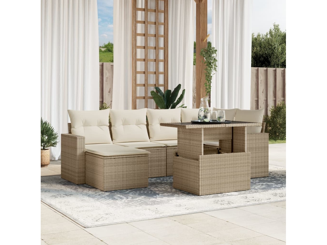 Vidaxl 7 Pcs Conjunto De Sofás P/ Jardim Com Almofadões Vime Pe Bege
