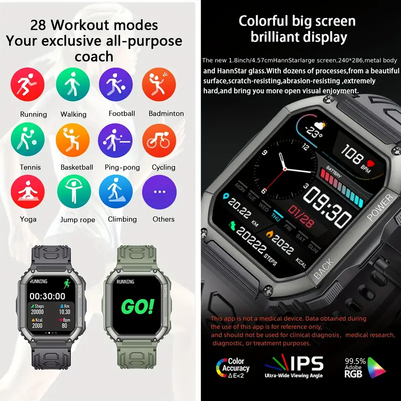 SHAH ARPAN Smartwatch: Tela de 1 8 Polegadas para Android/Iphone Verde