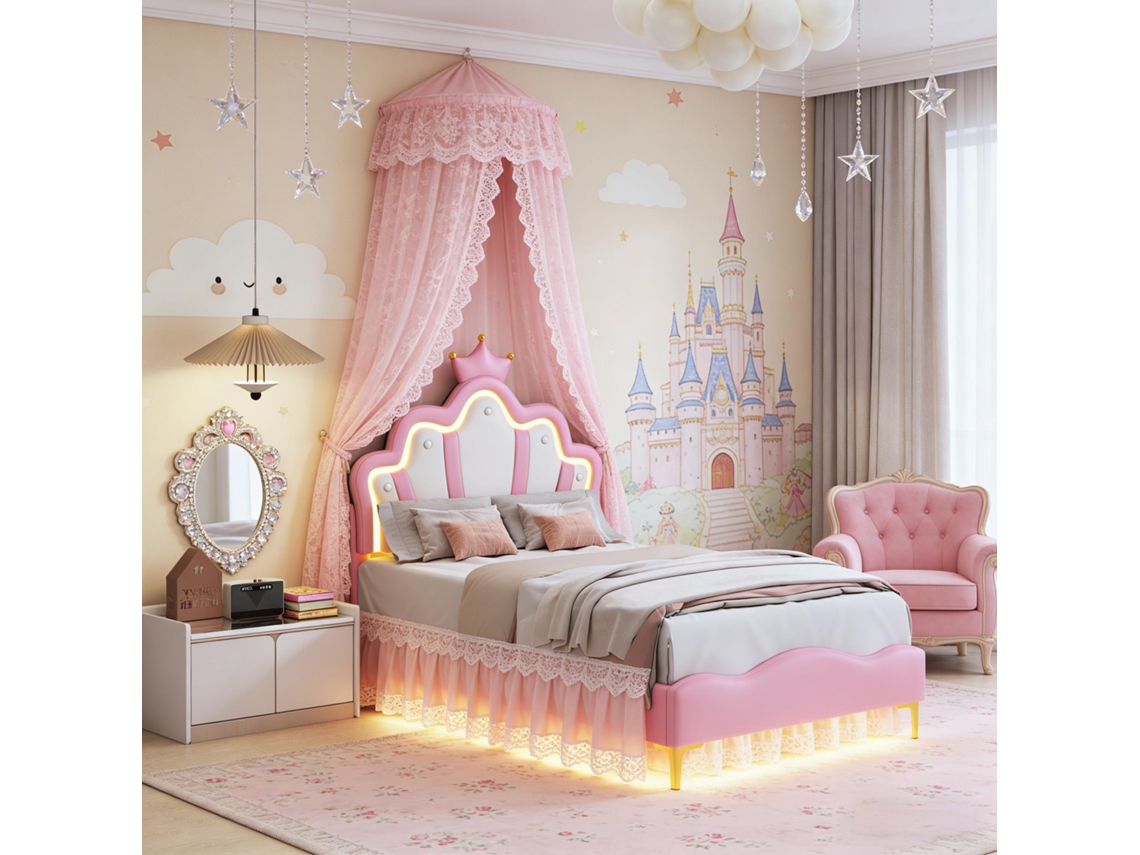 Cama Infantil Princesa 90x190cm Com Led Ajustável, Cama Acolchoada Para Meninas Com Cabeceira Em Forma De Coroa E Ajustável E Ripas Pu Rosa