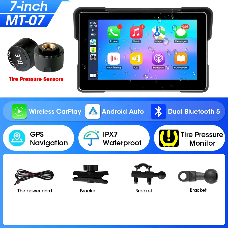 (7 Polegadas Carplay-tpms) Navegação Para Motocicletas, Carplay Sem Fio Com Duplo Bluetooth Para Medição De Pressão Dos Pneus