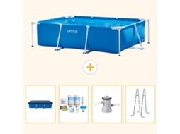 Piscina com Estrutura Retangular INTEX 220 X 150 X 60 Cm Azul Incluída Cobrir Pacote de Manutenção Bomba de Filtro de Piscina Escada