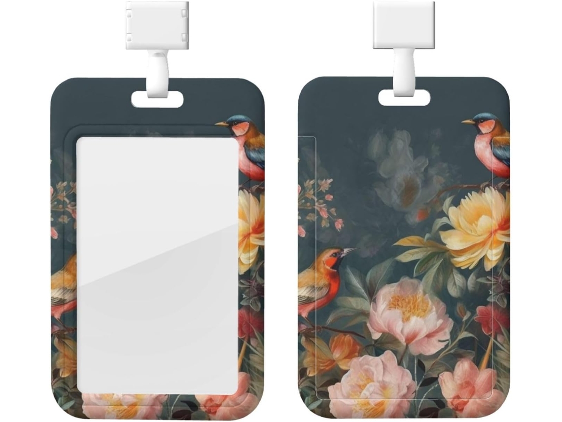 Porta-cartões Crachá com estampa floral e pássaros, com cordão, camada plástica impermeável, ideal para cartões.