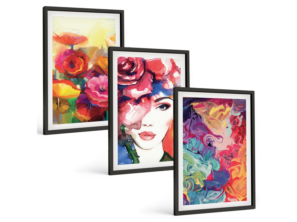 Pinturas Murais Modernas Flores, Retrato Intenso De Uma Mulher Moldura Preta Quadros Para A Sala De Estar Espelharte (3 Piezas De 40x60 Cm)