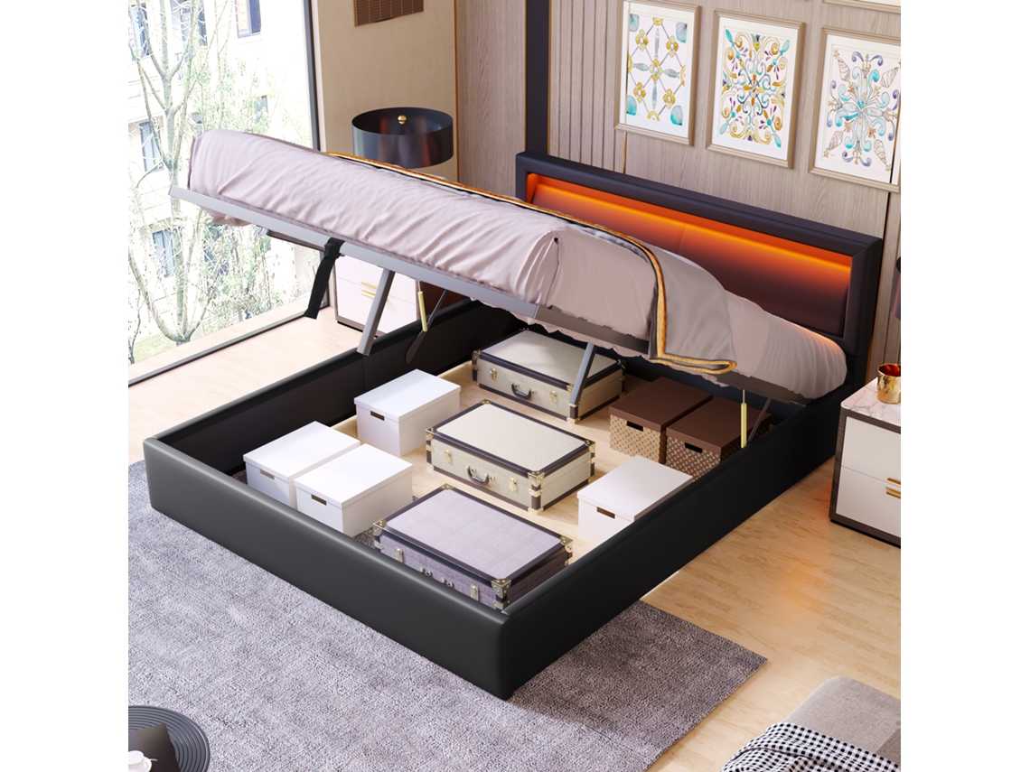 Cama Estofada Com Led, 140x190cm, Com Ripas E Gavetas, Cabeceira Iluminada Colorida, Preta E Couro Sintético.