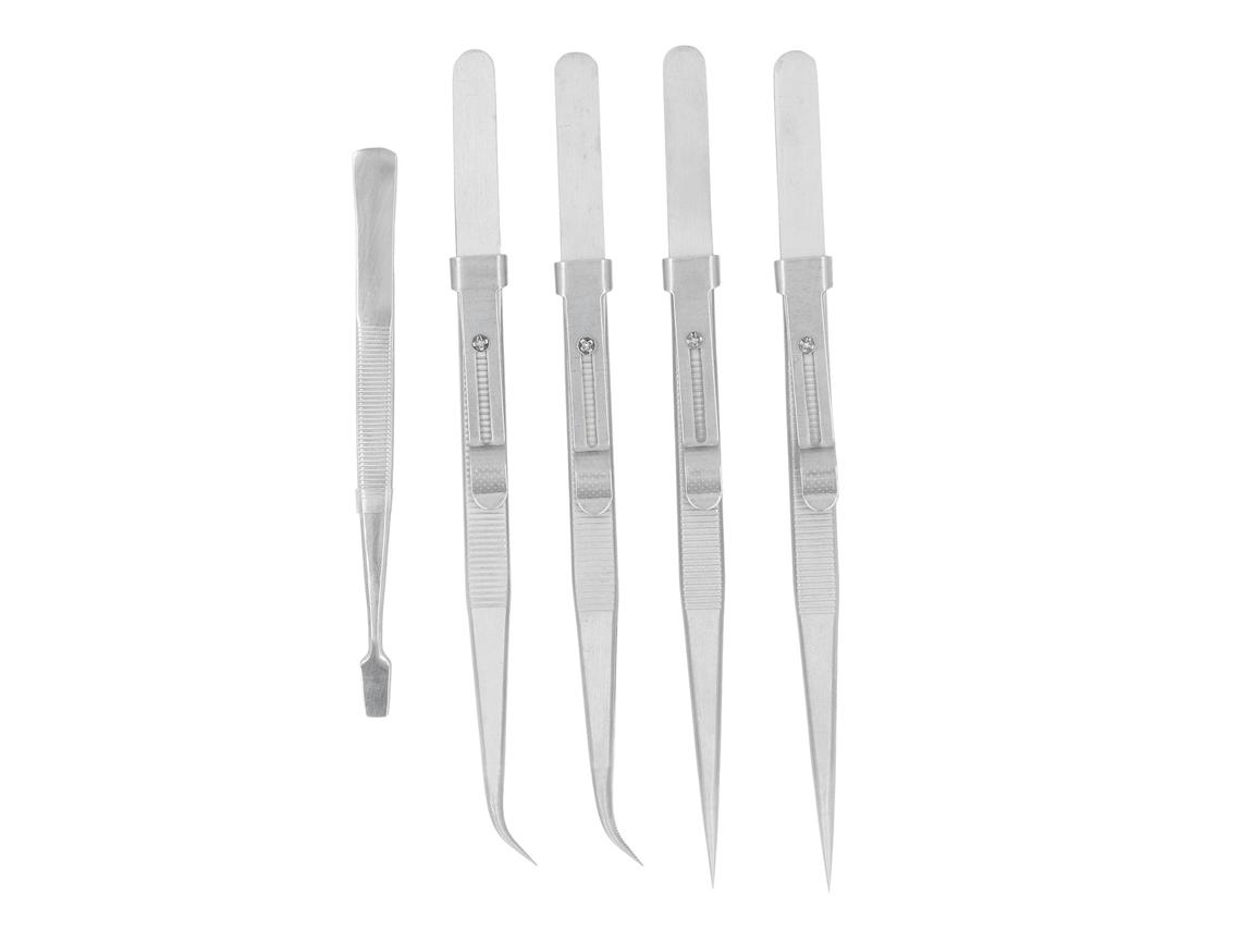 2026 Store kit com 5 Pinças de Aço Inoxidável Antiestáticas: Curvas, Retas e Planas para Eletrônica, Joiaria, Manualidades e Soldadura