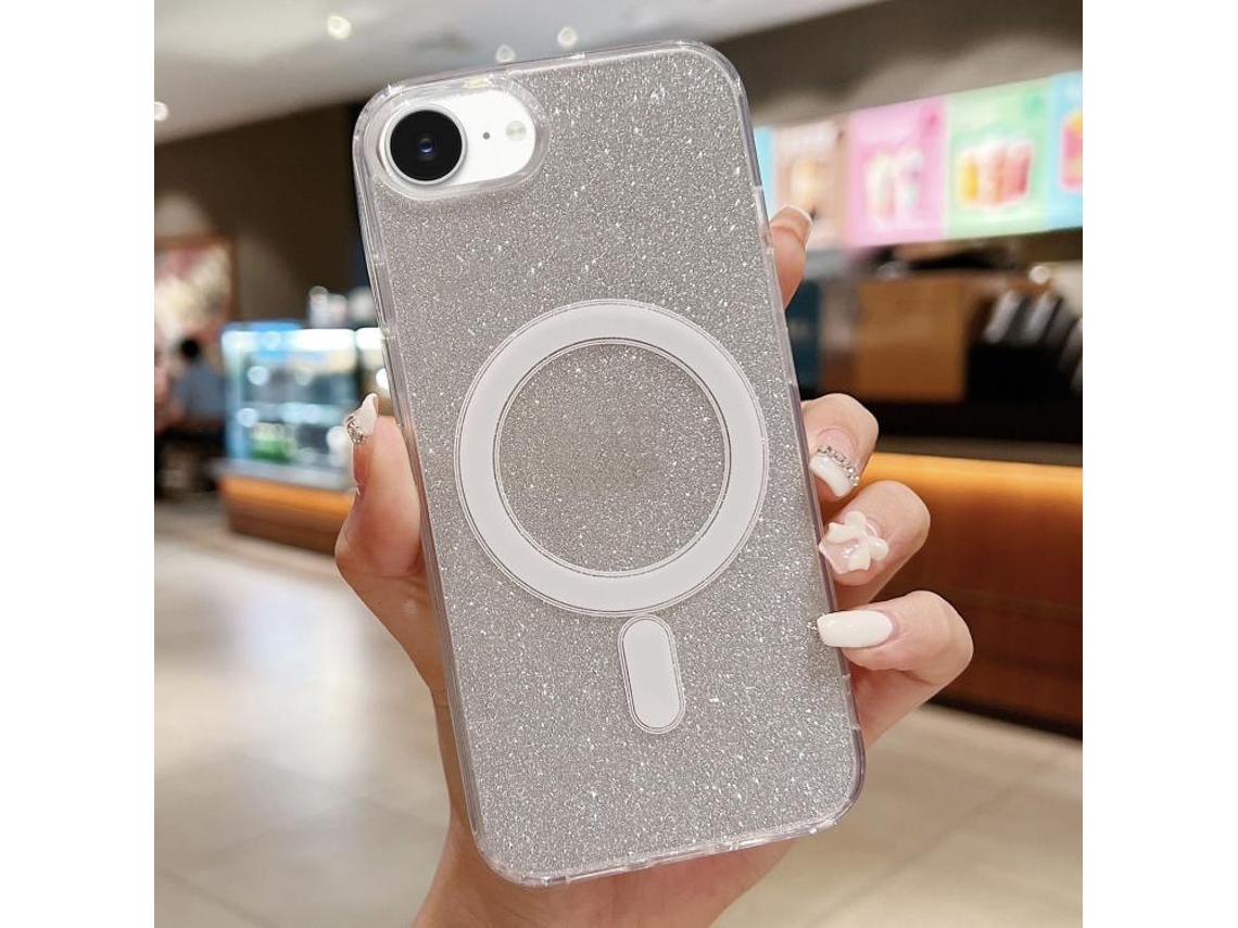 Capa Transparente Com Glitter Para Iphone 17e/16e - Acrílico - Magsafe - Prateada