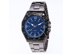 Relógio de pulso masculino elegante com pulseira de aço, mostrador redondo, movimento de quartzo, preto e azul.